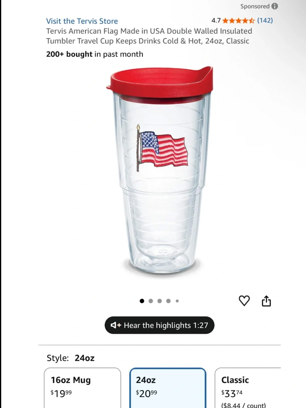 Clear Travel Tumbler with Red Lid and American Flag Design